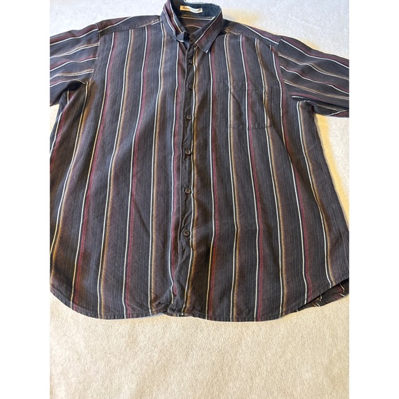 Tommy Bahama Mens Long Sleeve Button Up Shirt Black Burgundy Striped L - Picture 2 of 16